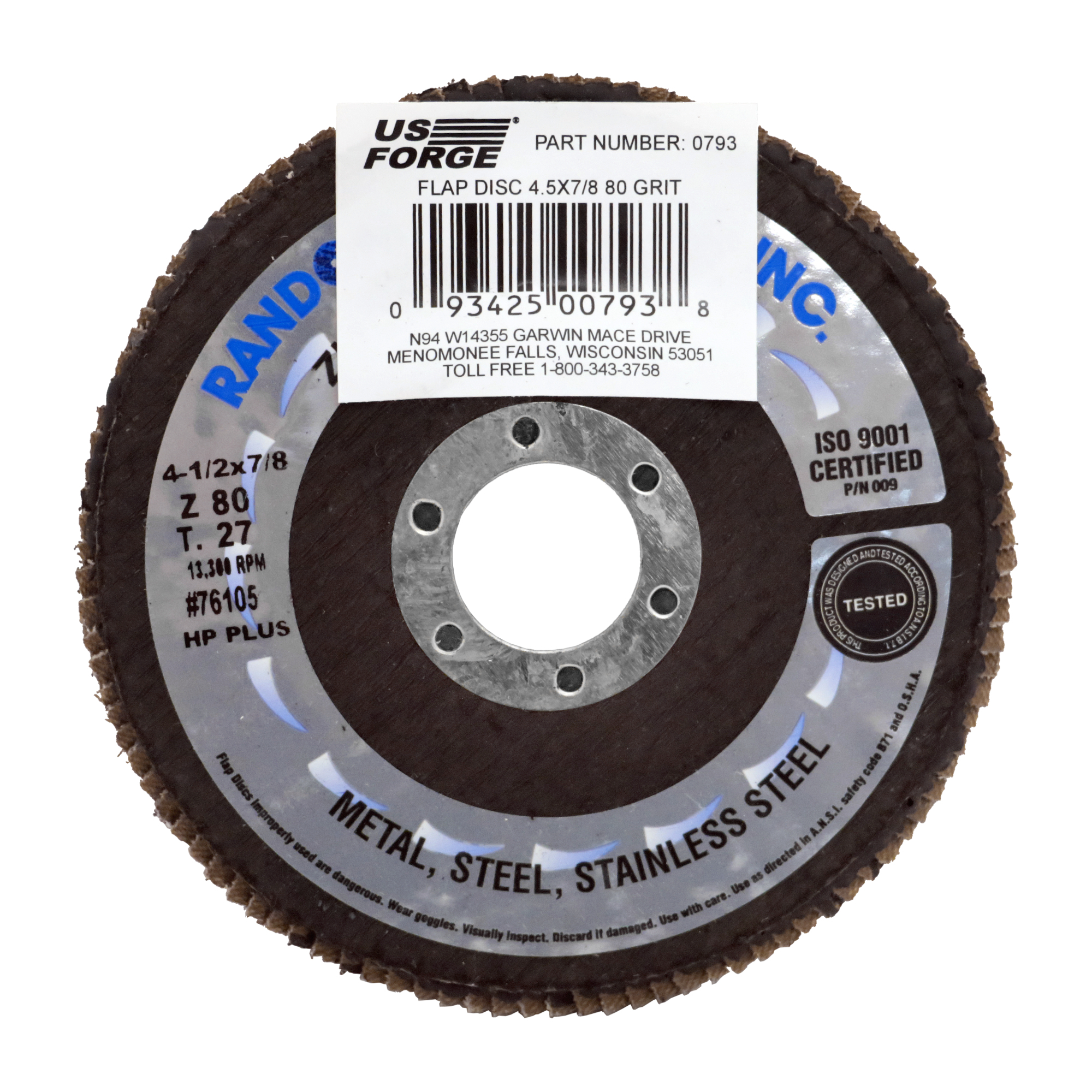 US Forge® 4.5" x 7/8" T27 Z80 Grit Flap Disc, Model# 793